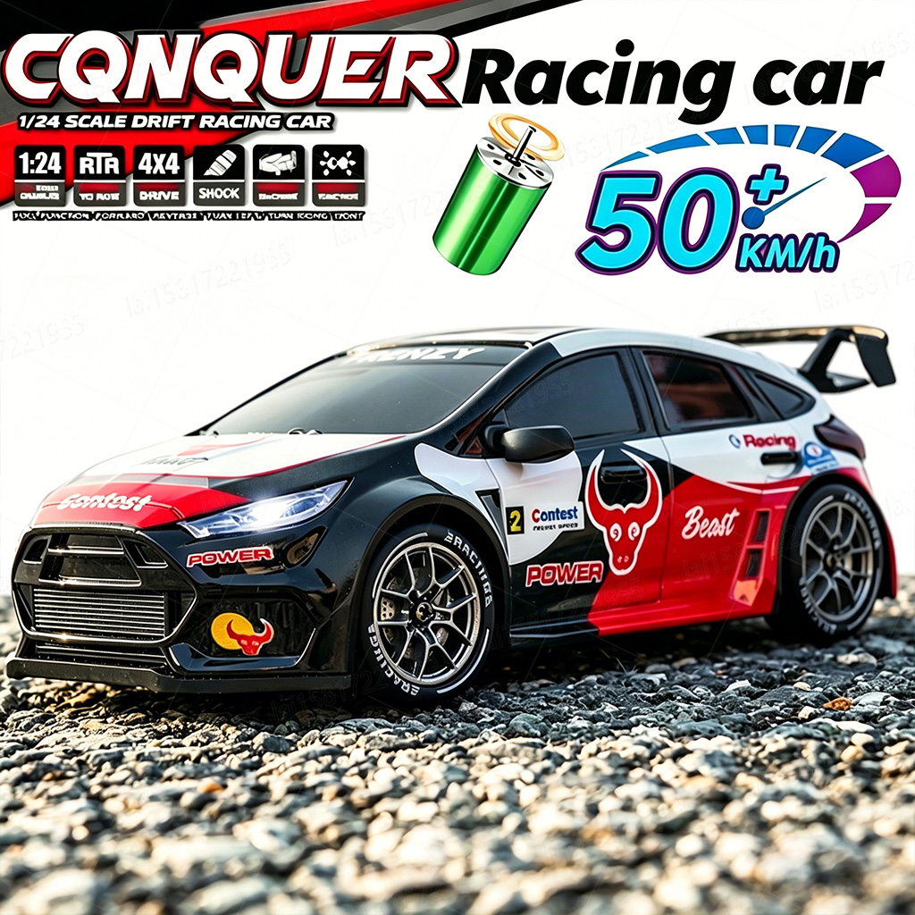 Rc Hobby Toucan - 1:24スケール、4WD、最高速度50km/hのRCカー。スタント走行、ドリフト走行、レース走行が可能な、LEDライト付きのブラシレスモーター搭載のスピードチャンピオン。男の子へのプレゼントに最適。